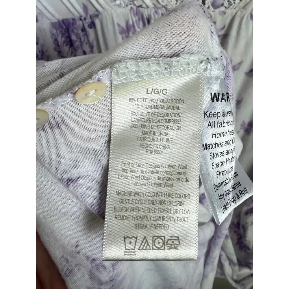 Eileen West Wisteria Cap Sleeve V-Neck Nightgown White Purple Women's Large